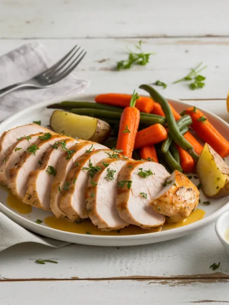 Home-cooked meal featuring golden-brown, thinly sliced chicken breasts