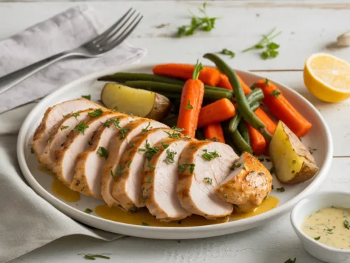 Home-cooked meal featuring golden-brown, thinly sliced chicken breasts