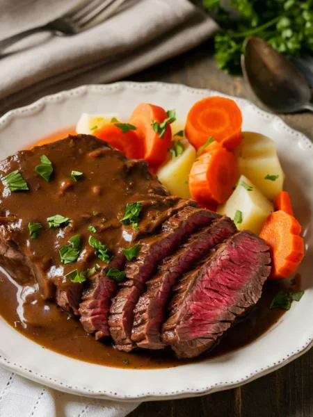 beautifully plated serving of slow-cooked bottom round steak,