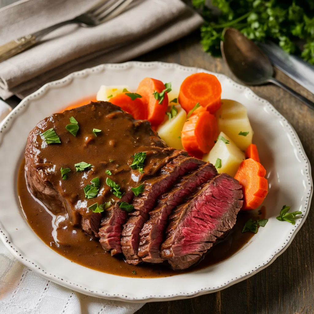 beautifully plated serving of slow-cooked bottom round steak,