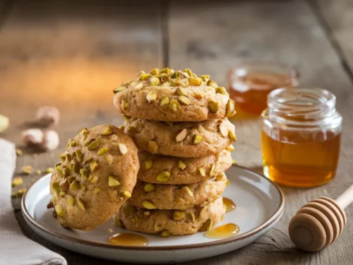 golden-brown cookies studded with chopped pistachios