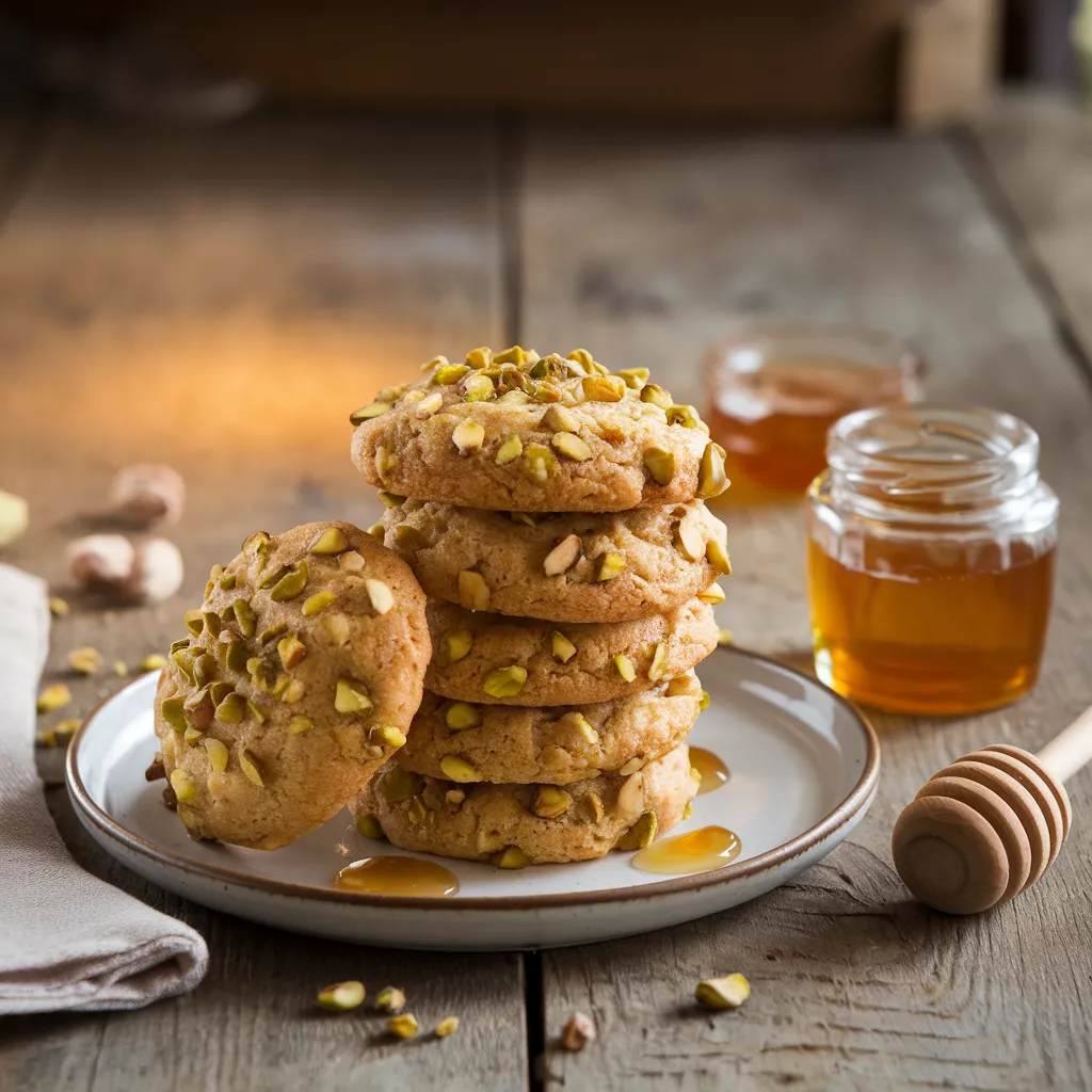 golden-brown cookies studded with chopped pistachios