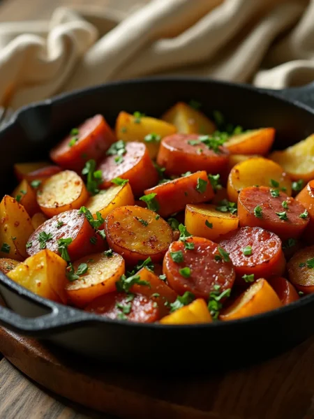 golden-brown potato slices and juicy sausage piece