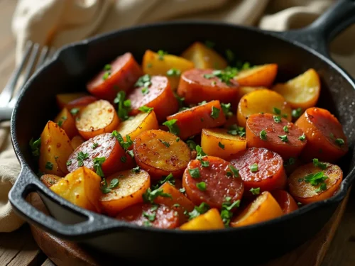 golden-brown potato slices and juicy sausage piece