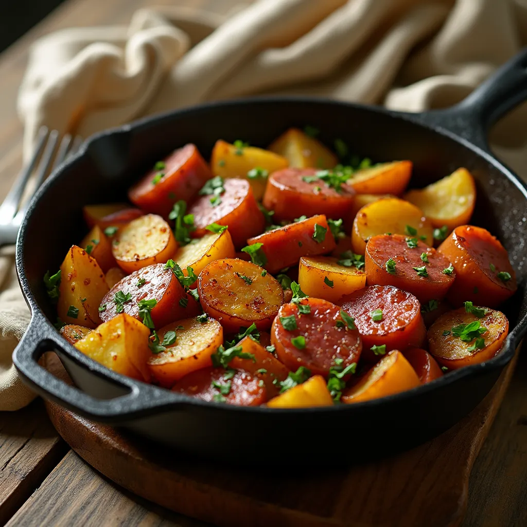 golden-brown potato slices and juicy sausage piece