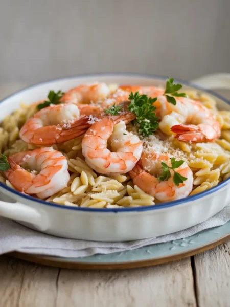 golden-brown shrimp nestled in creamy orzo pasta