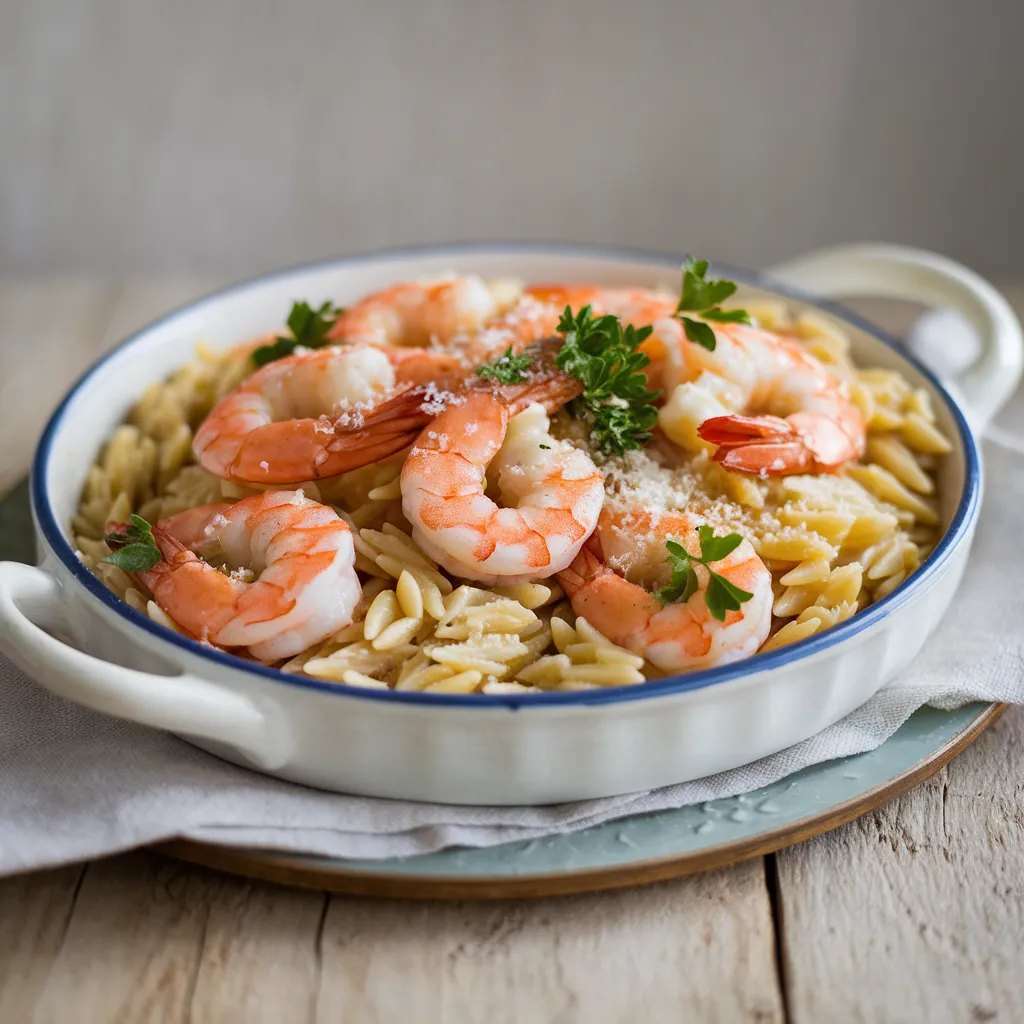 golden-brown shrimp nestled in creamy orzo pasta