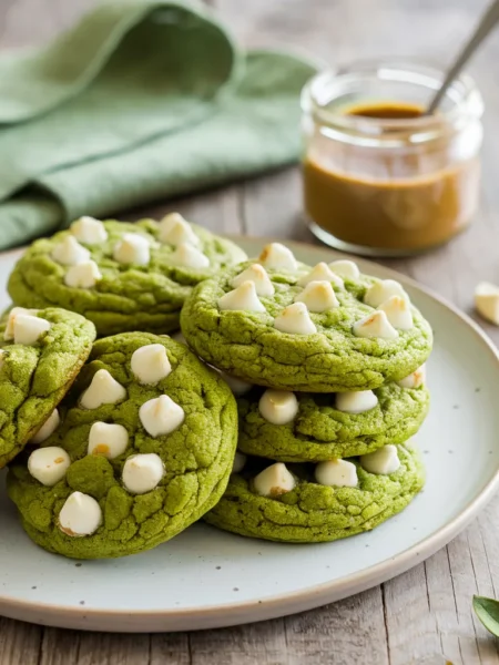 green cookies studded with white chocolate chunks