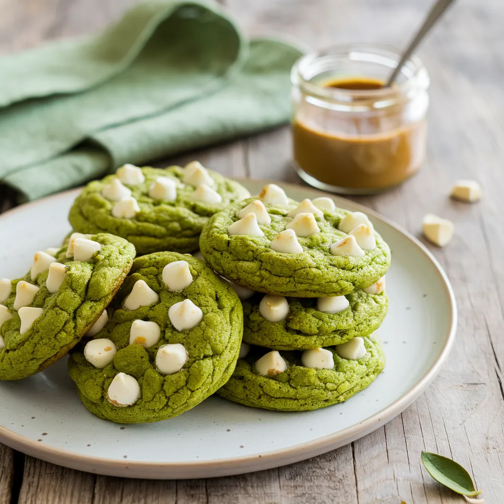 green cookies studded with white chocolate chunks